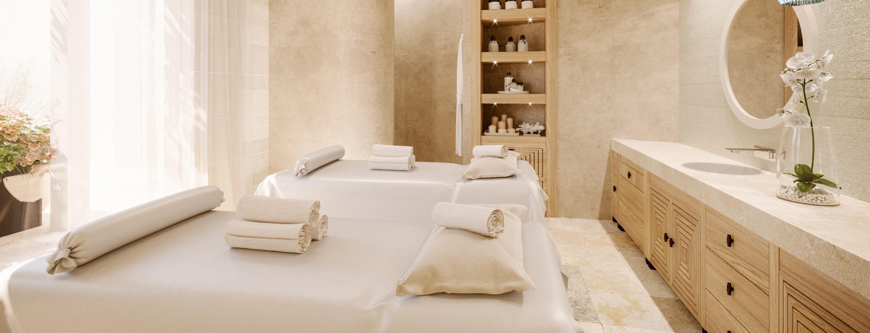 Neutral tones and natural materials in a treatment room at Pure 7 Spa
