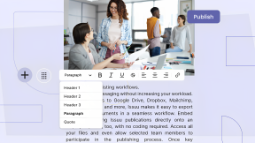 Image showcasing people talking, along with Issuu platform elements, like text and an editing toolbar for text 