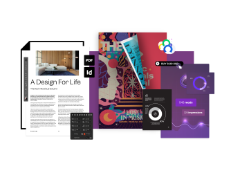 A spread of pages and publications surrounded by Issuu features' elements
