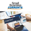 Person using smart device with Small Business Currents logo at the top